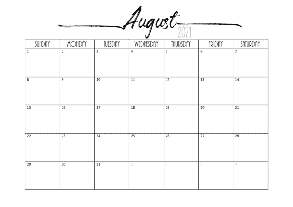 August 2021 Calendar Printable PDF