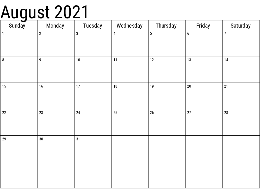 August 2021 Calendar Printable UK