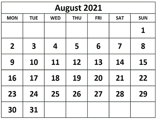 August 2021 Calendar Printable Waterproof