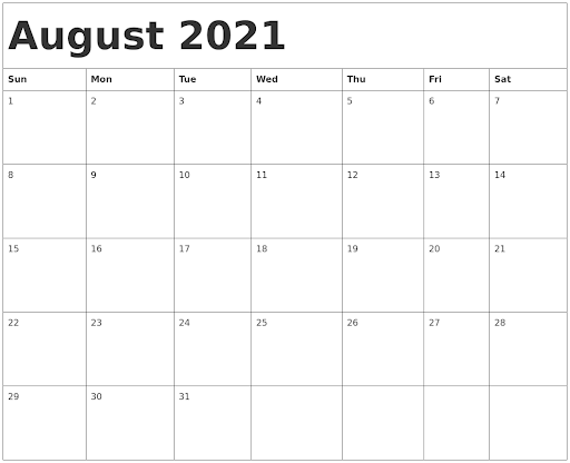 August 2021 Calendar Printable Word