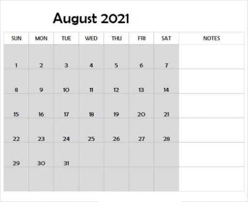 August 2021 Calendar Template Blank