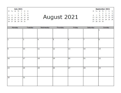 August 2021 Calendar Template Festival