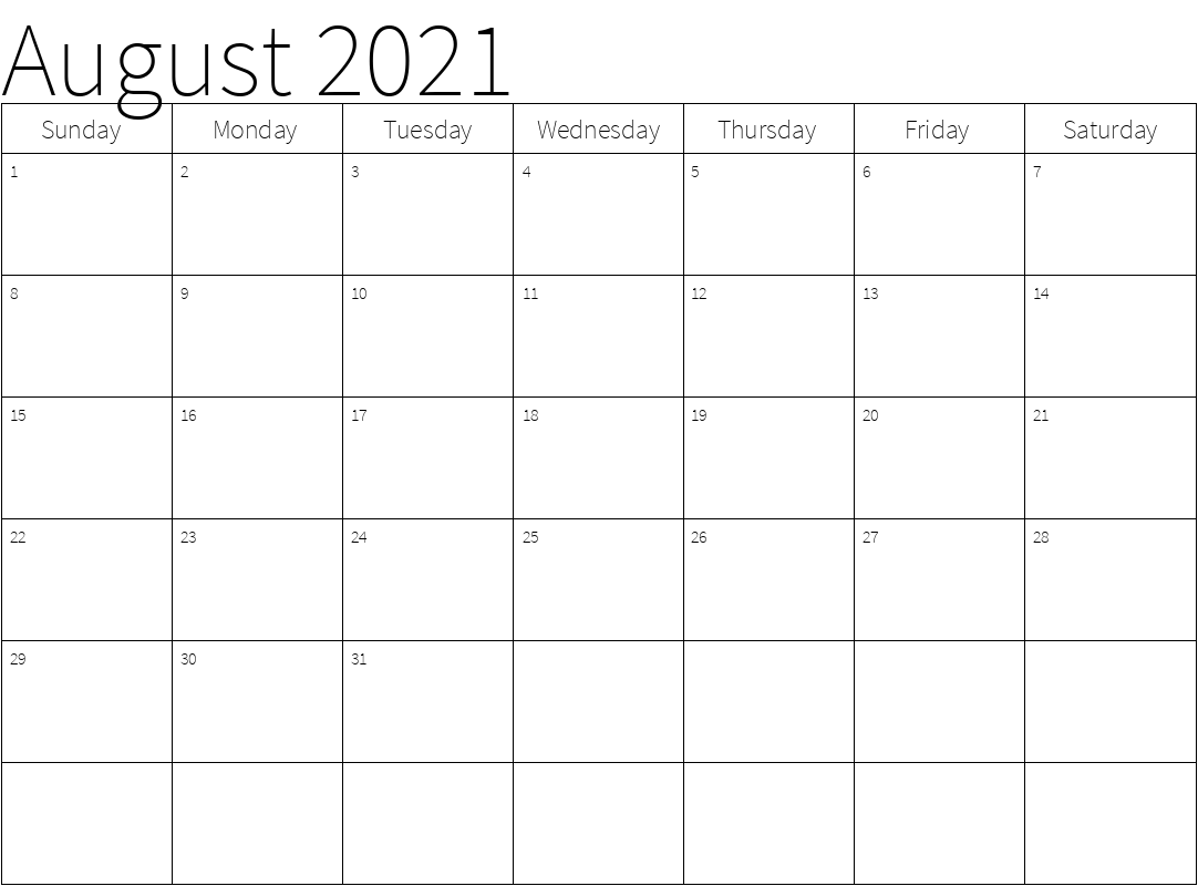 August 2021 Calendar Template PDF