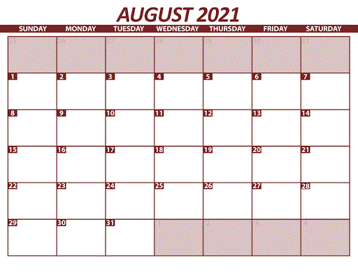 August 2021 Calendar Template Pages