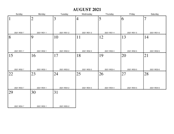 August 2021 Calendar Template UK