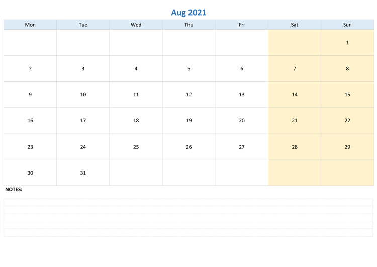 August 2021 Calendar Template Word