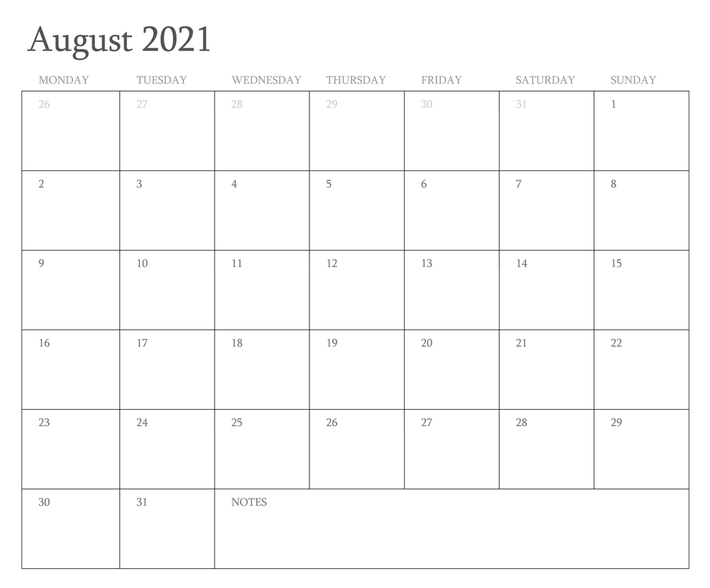August 2021 Calendar