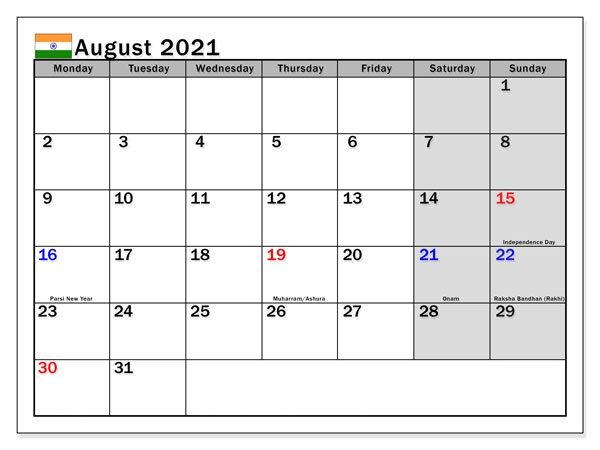 August 2021 Malayalam Calendar