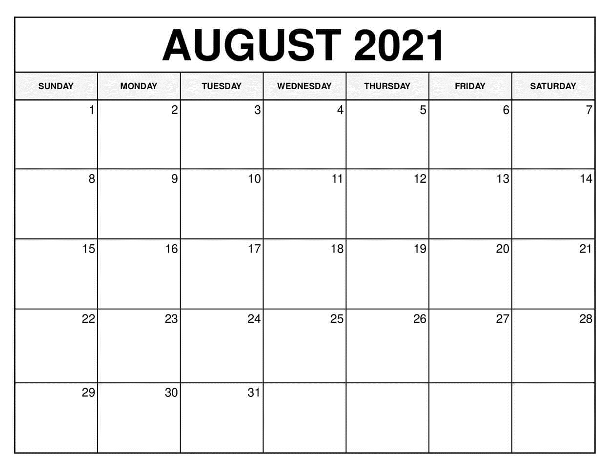 August 2021 Printable Calendar Template