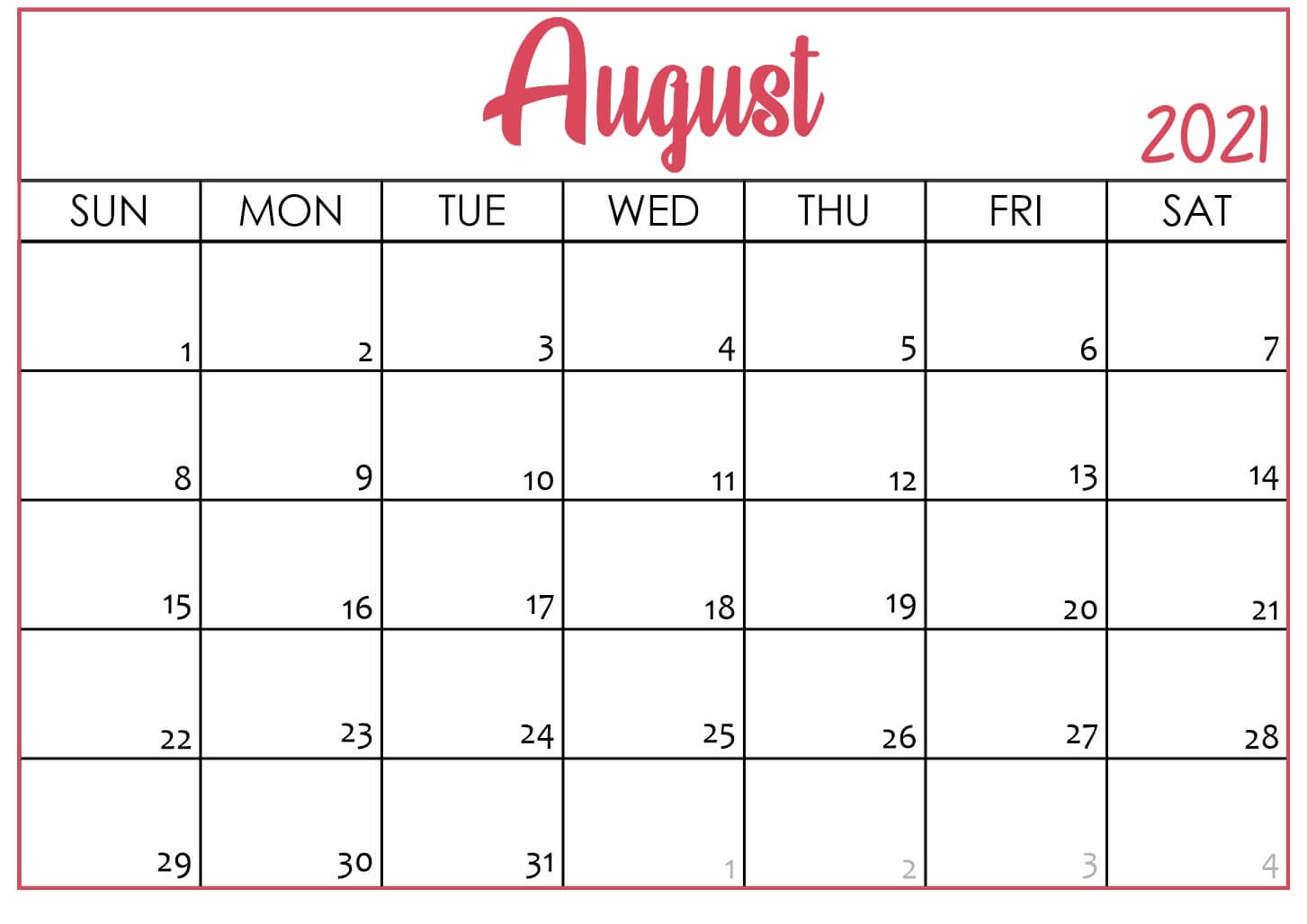 August 2021 Printable Calendar Word