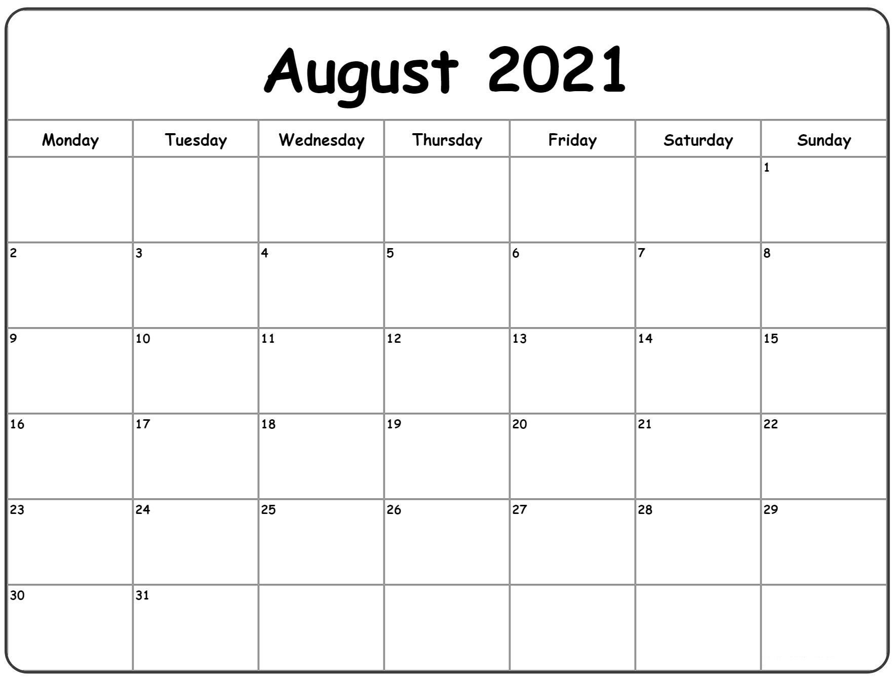 August 2021 Printable Calendar