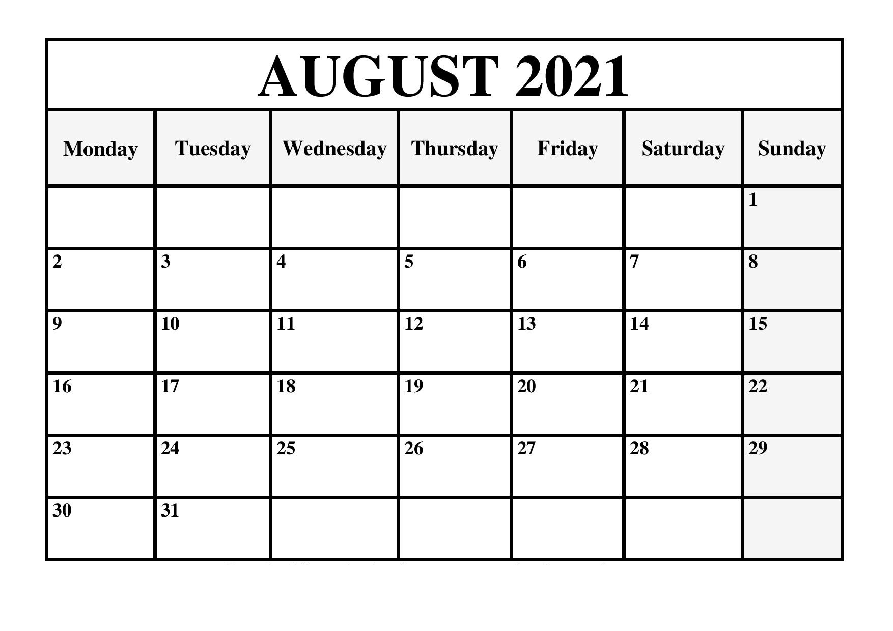 August Calendar 2021 Printable Free