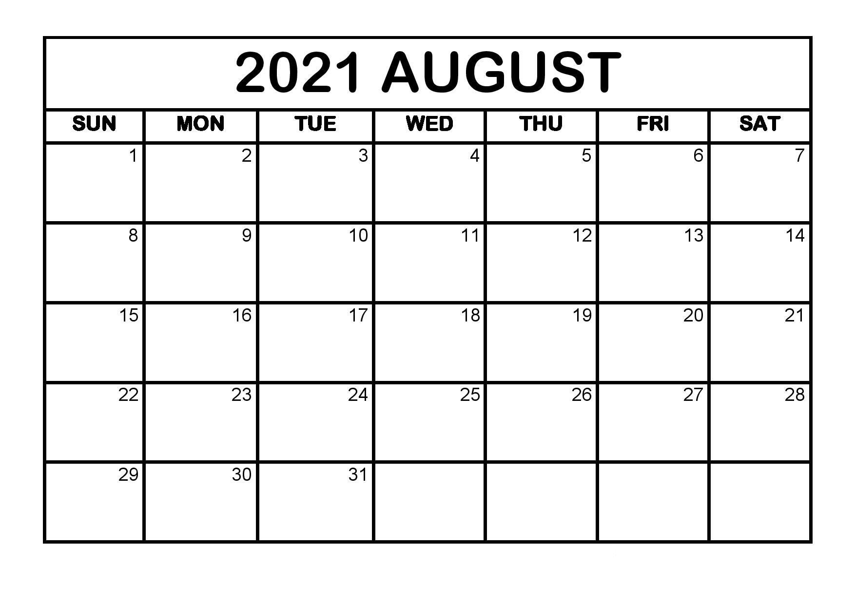 August Free Printable Calendar 2021