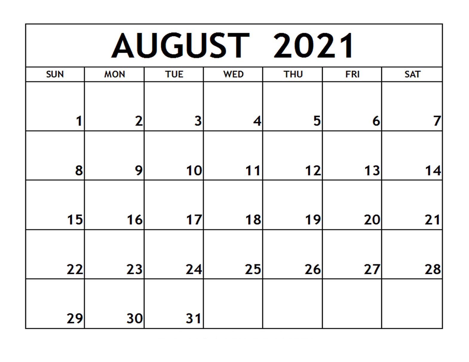 August Printable Calendar 2021