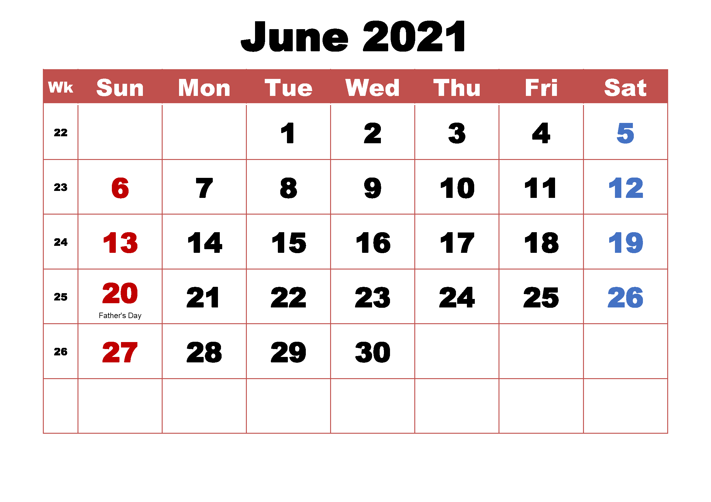 Blank June 2021 Calendar Template