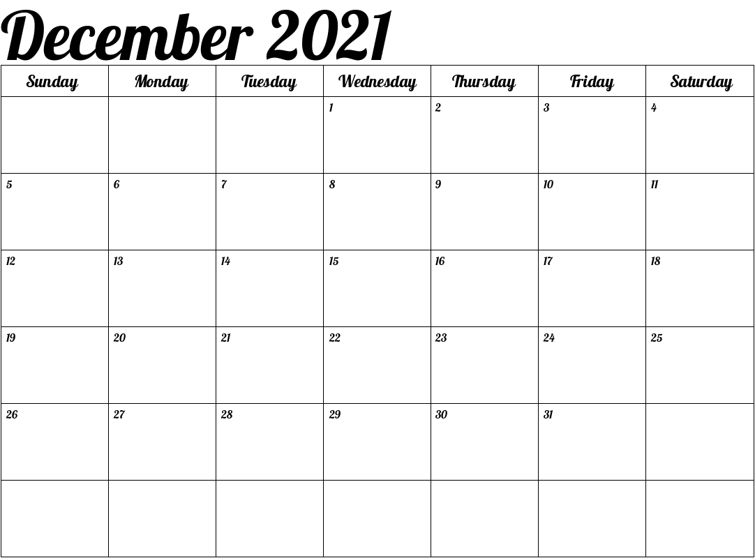 December 2021 Blank Calendar Excel Template