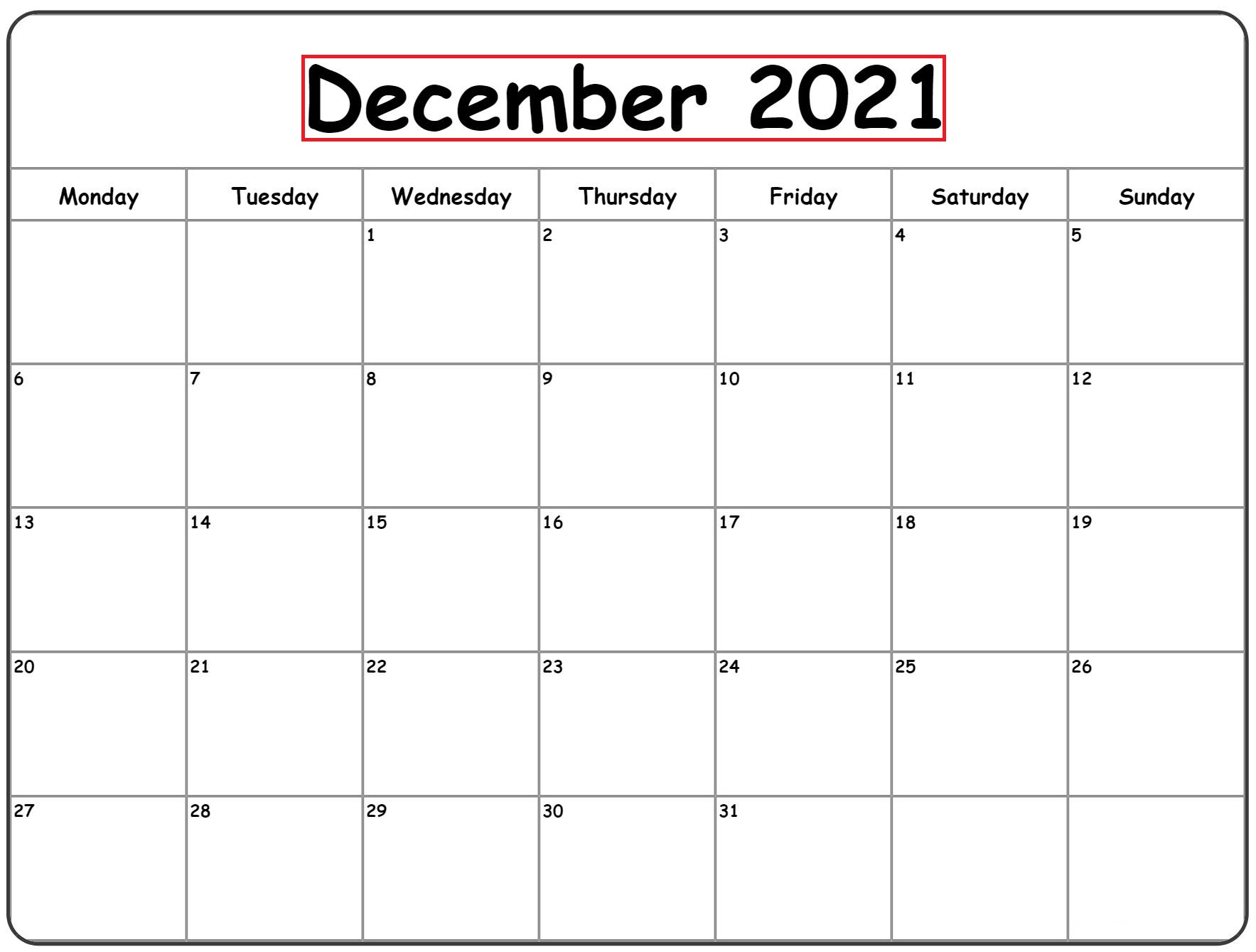 December 2021 Blank Calendar Grid Printable