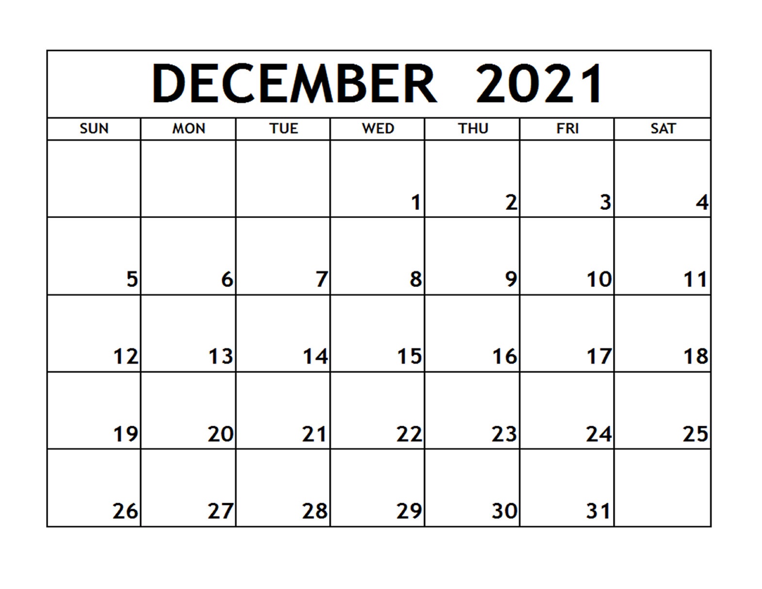 December 2021 Blank Calendar Landscape