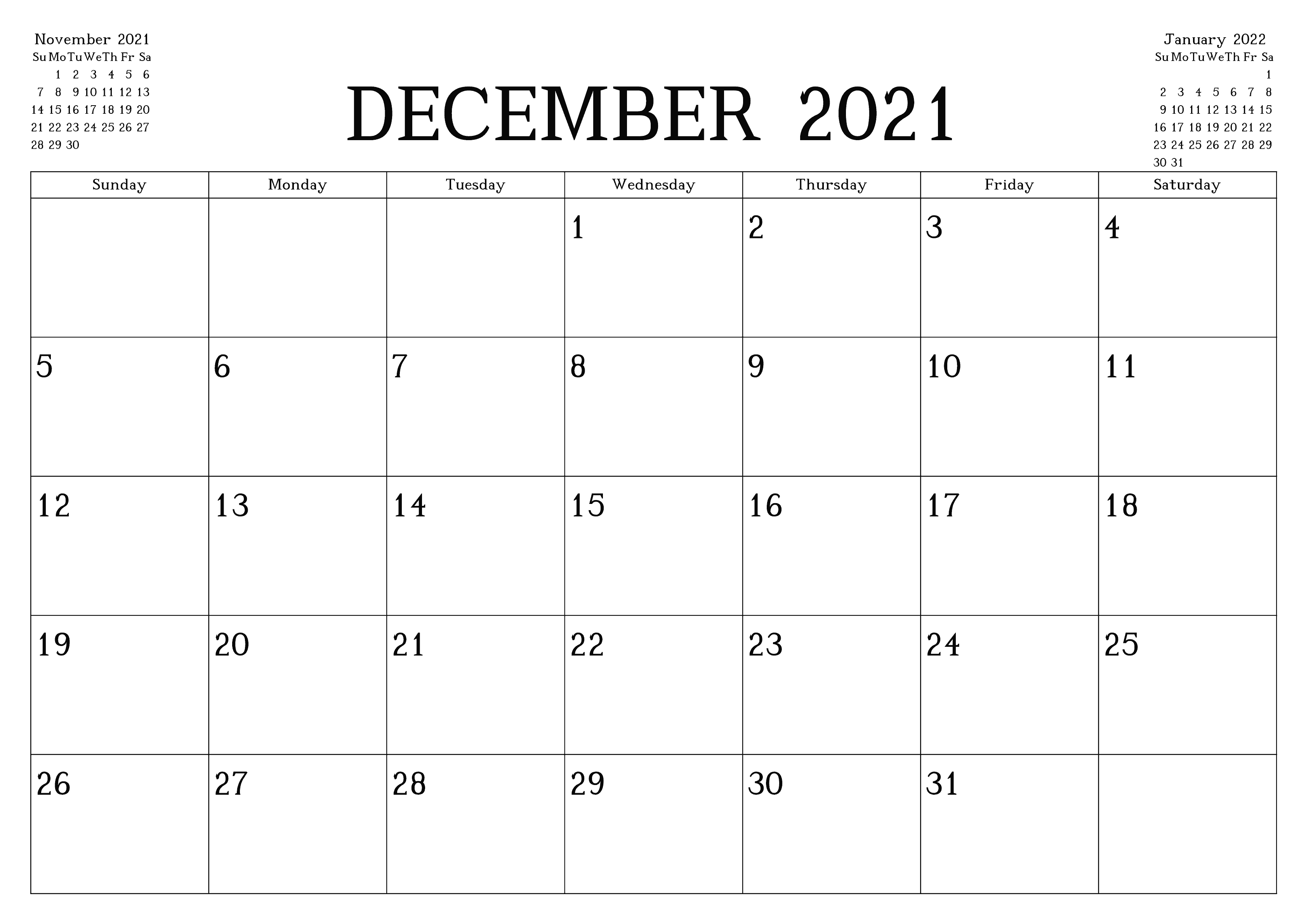 December 2021 Blank Calendar Month Printable Template