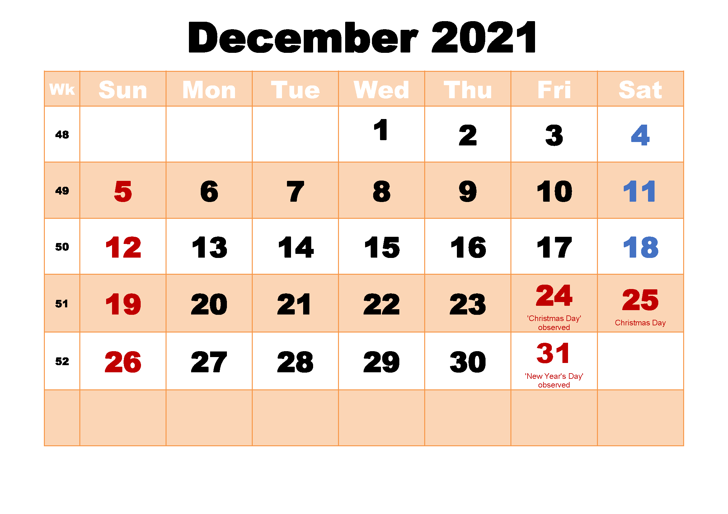 December 2021 Blank Calendar Month Printable