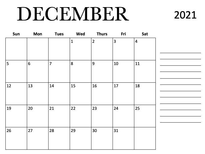 December 2021 Calendar Blank Template With Number