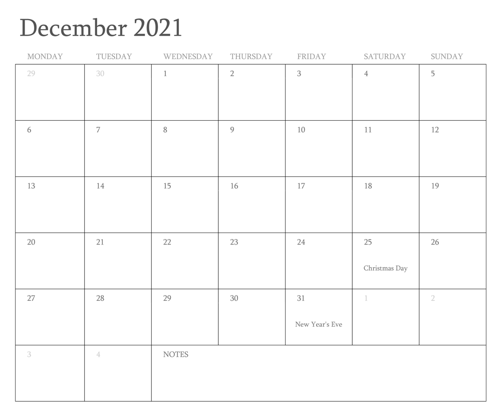 December 2021 Calendar Blank UK