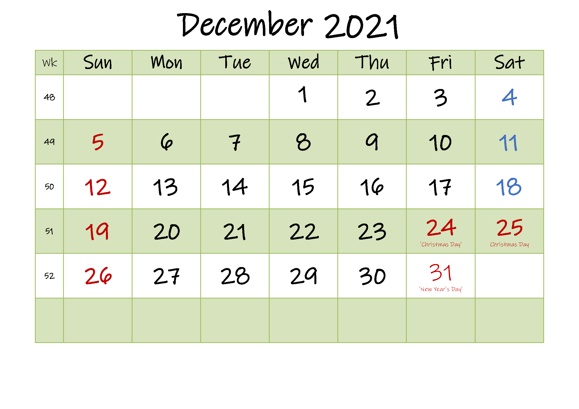 December 2021 Calendar Blank Word Template