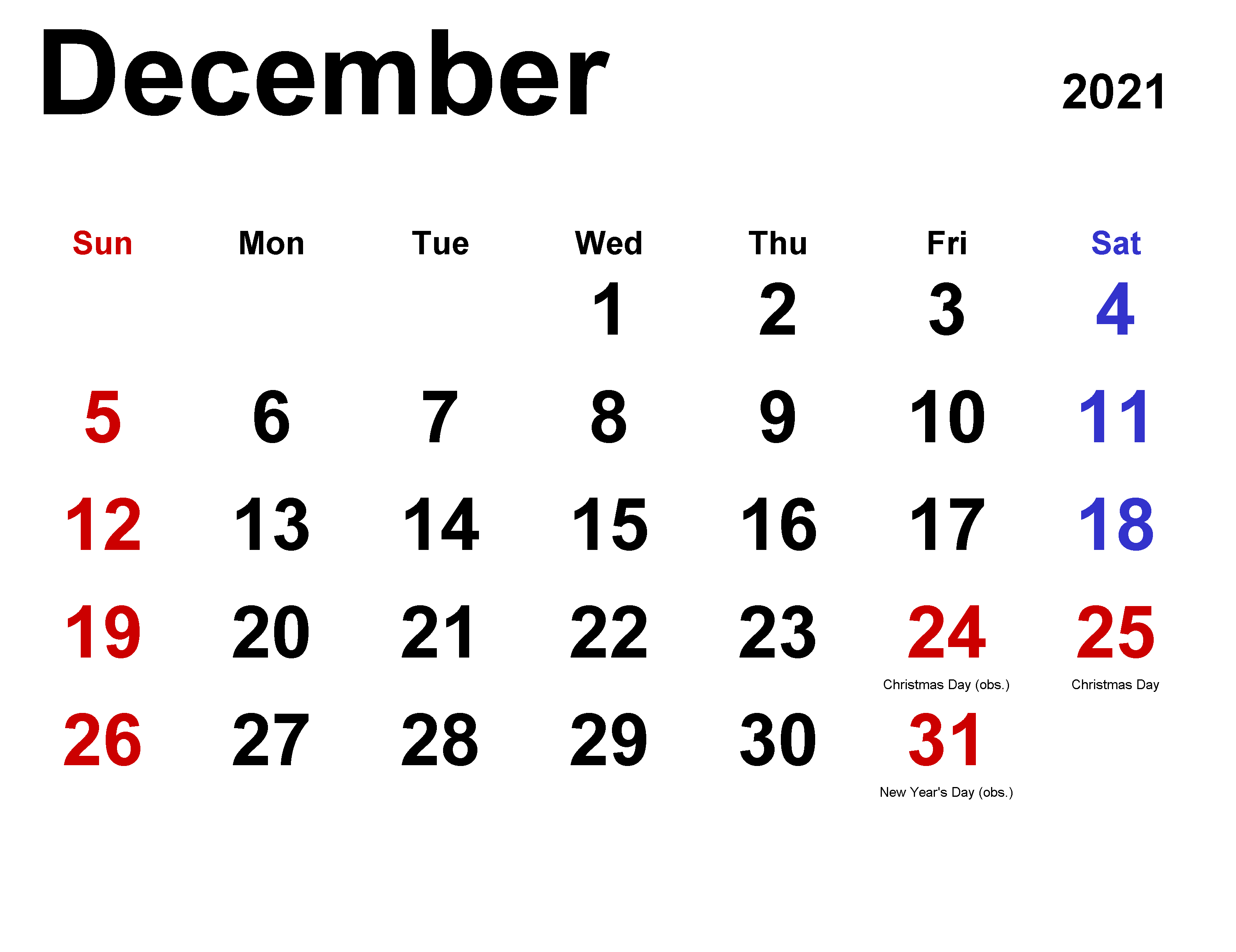 December 2021 Calendar Template for Excel