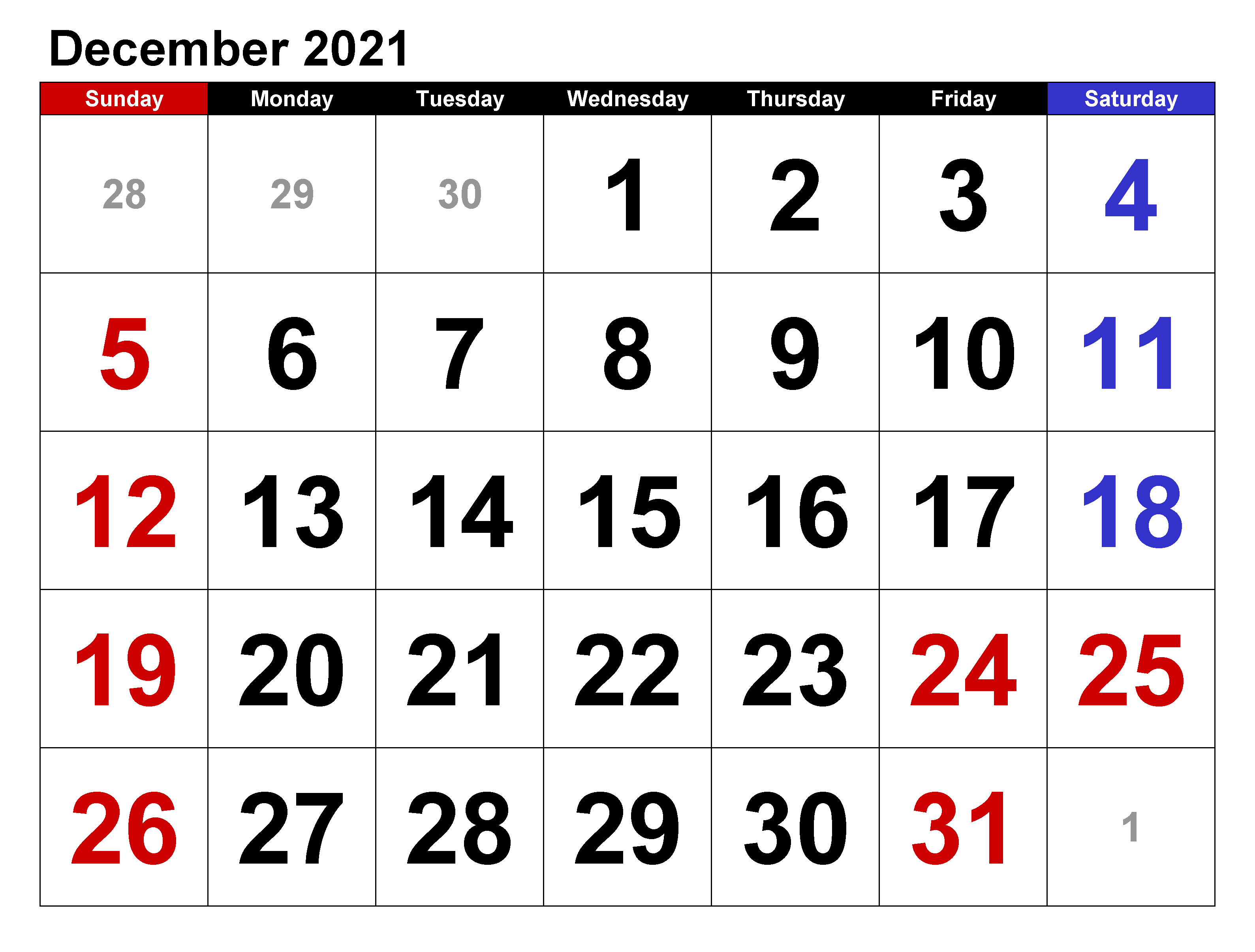 December 2021 Calendar Template for Google Sheets
