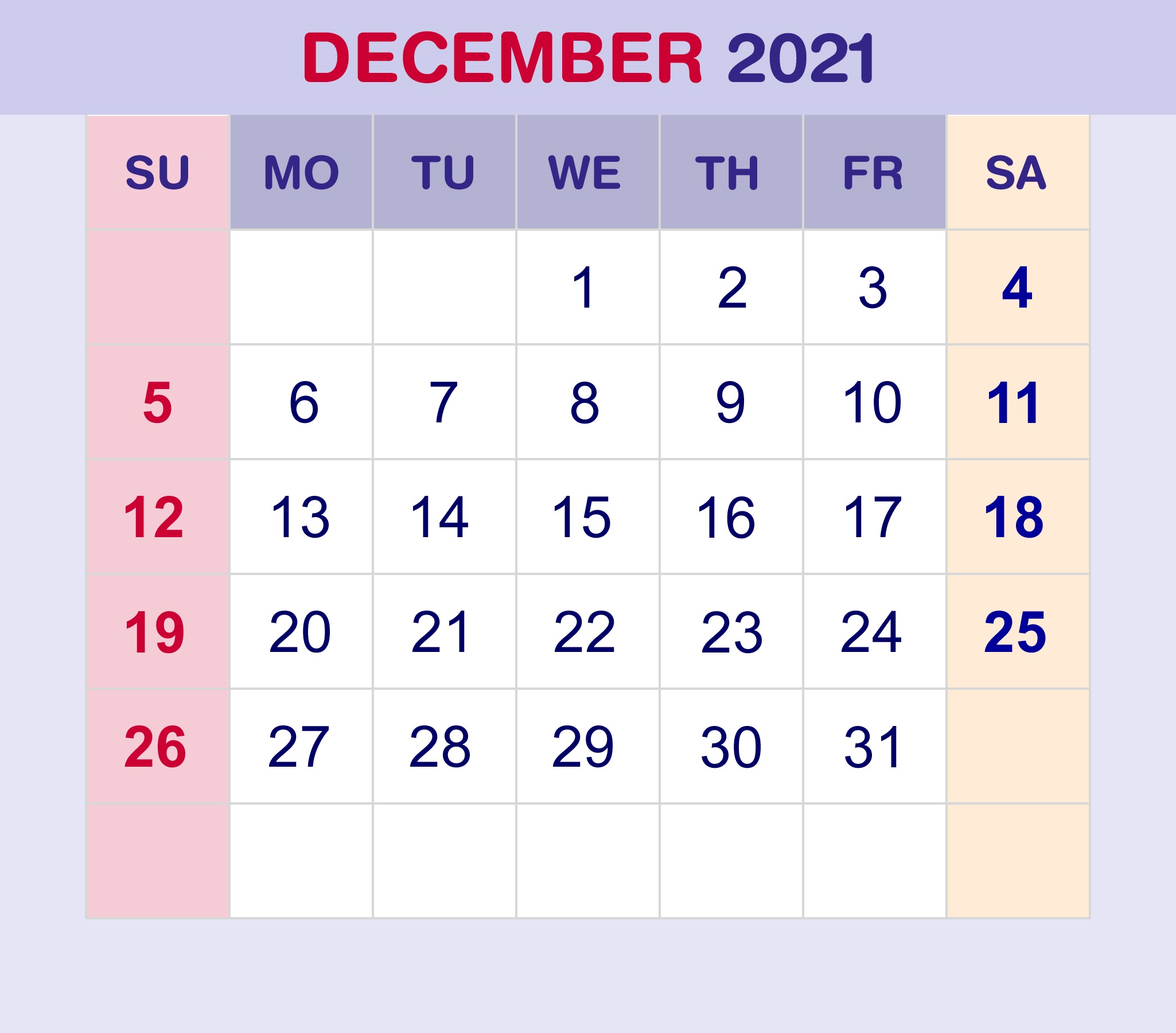 December 2021 Calendar With Holidays