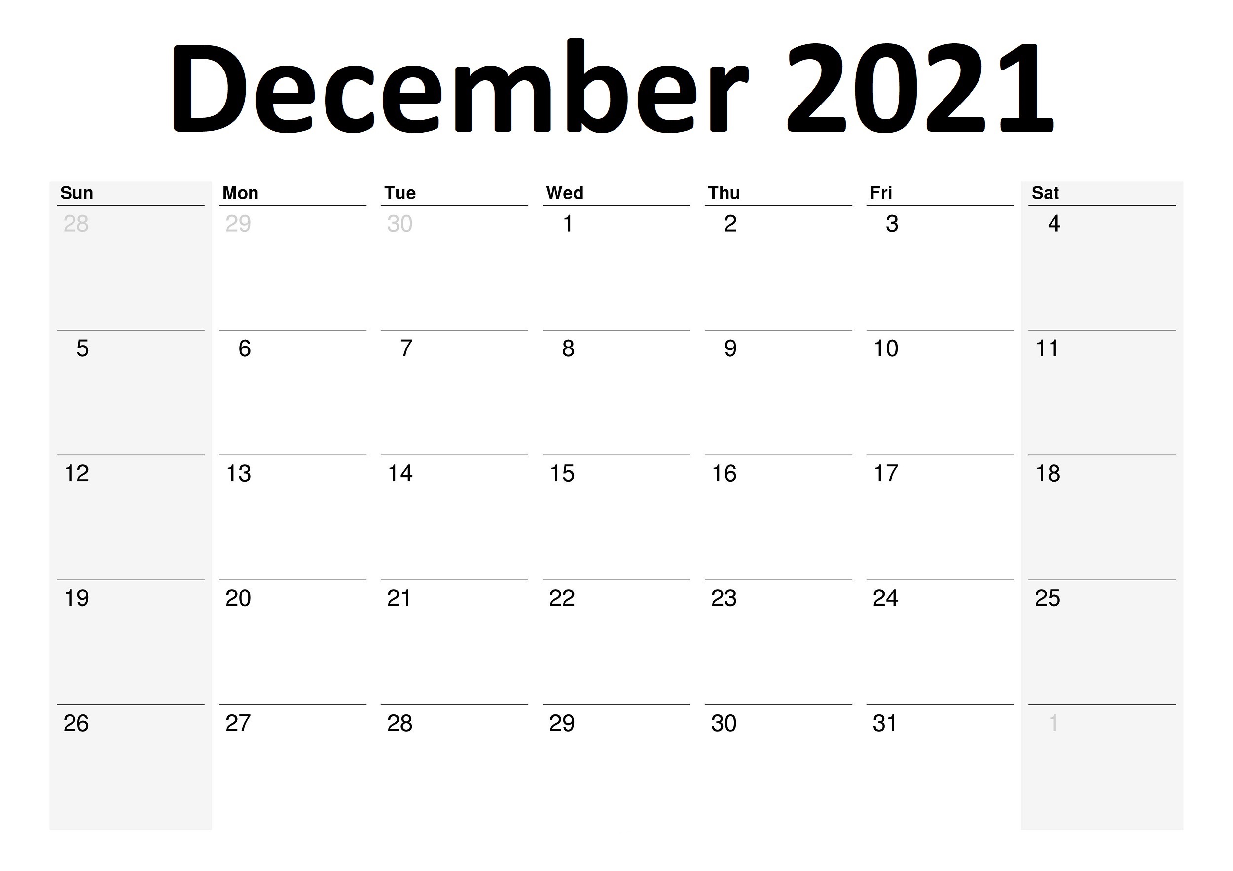 December 2021 Printable Calendar Date Range