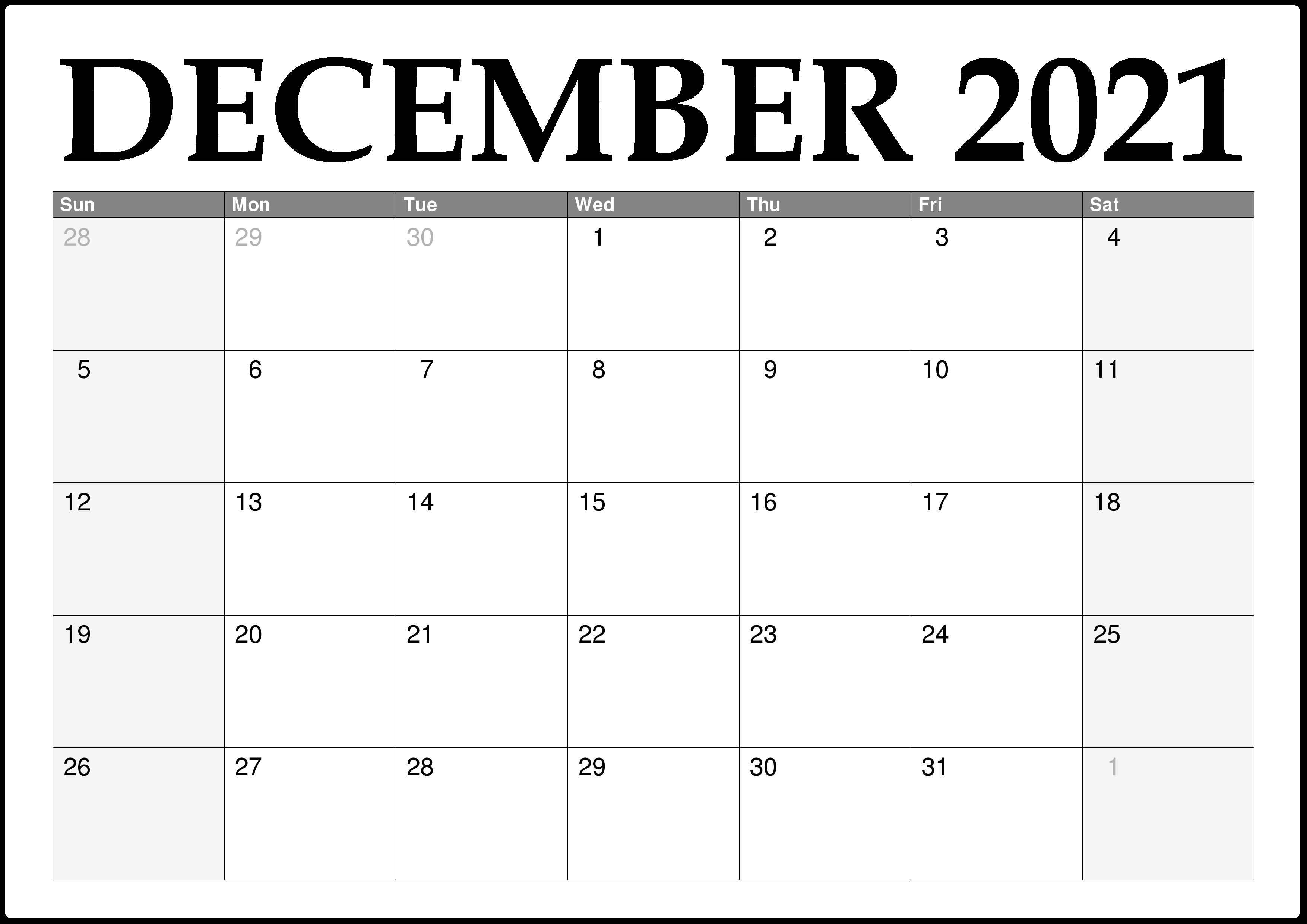 December 2021 Printable Calendar Grid Blank