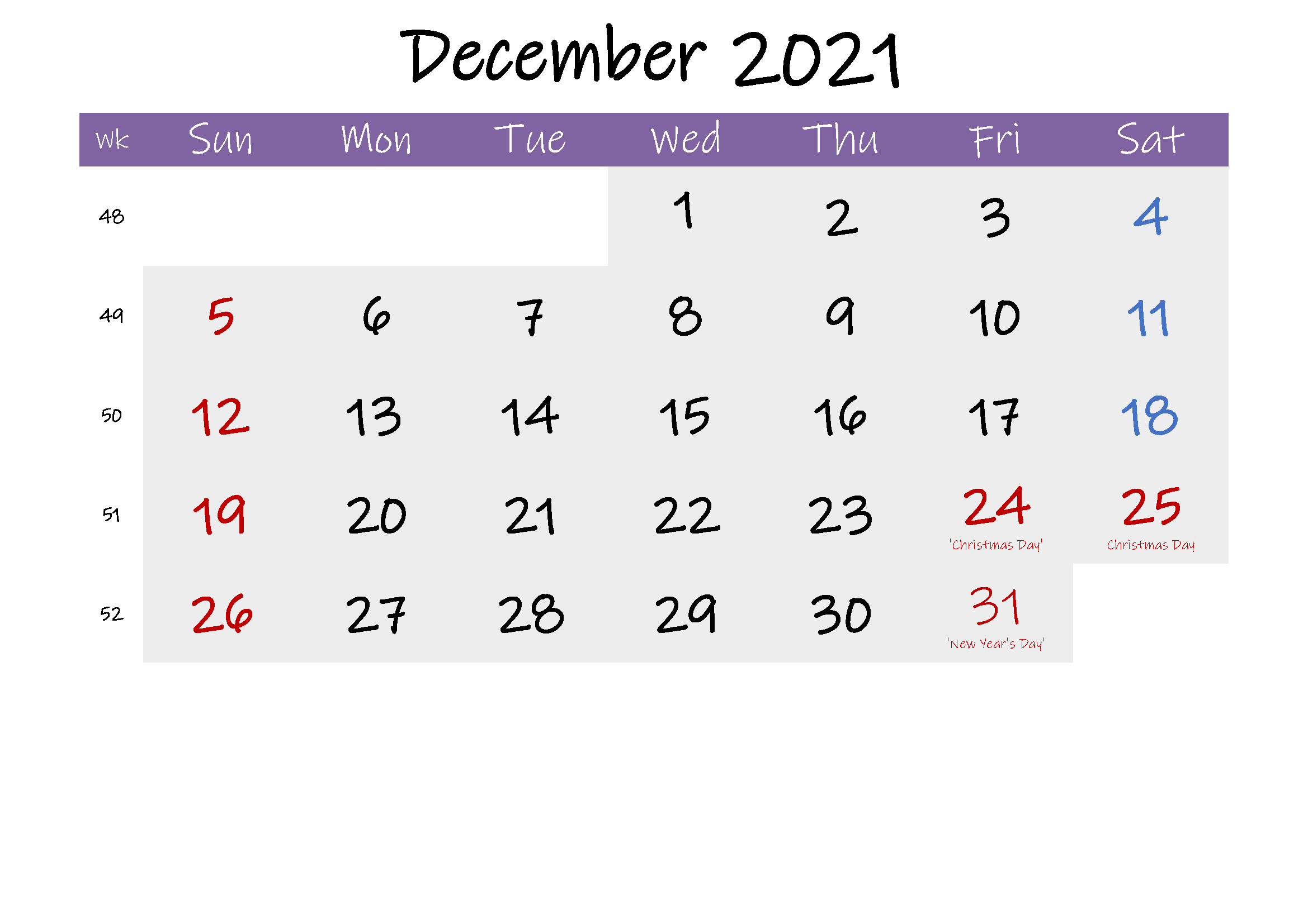 December 2021 Printable Calendar in Spanish