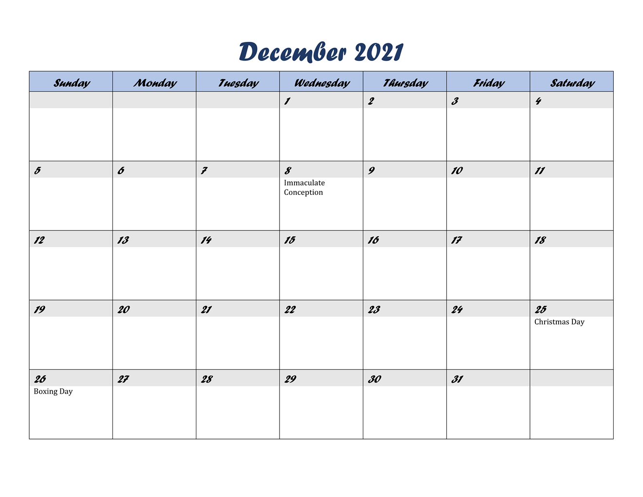 December Calendar 2021 With Holidays India