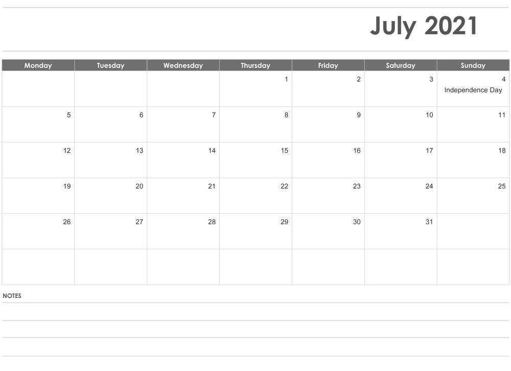 Free Printable July 2021 Calendar With Holidays