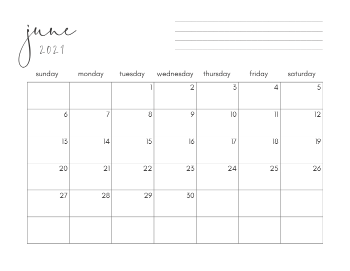 Free Printable June 2021 Calendar