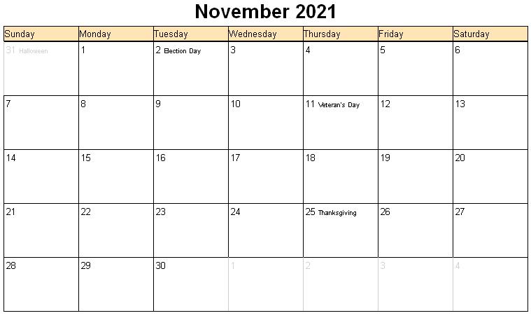 Free Printable November 2021 Calendar With Holidays