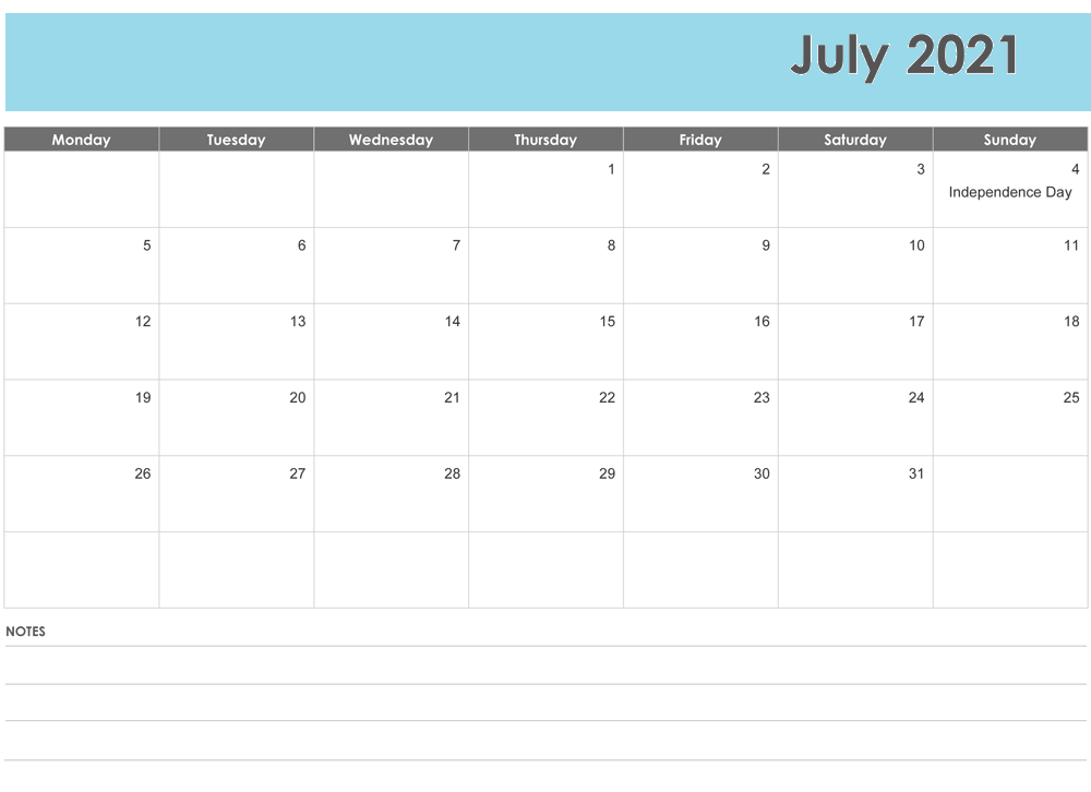 July 2021 Blank Calendar Monthly