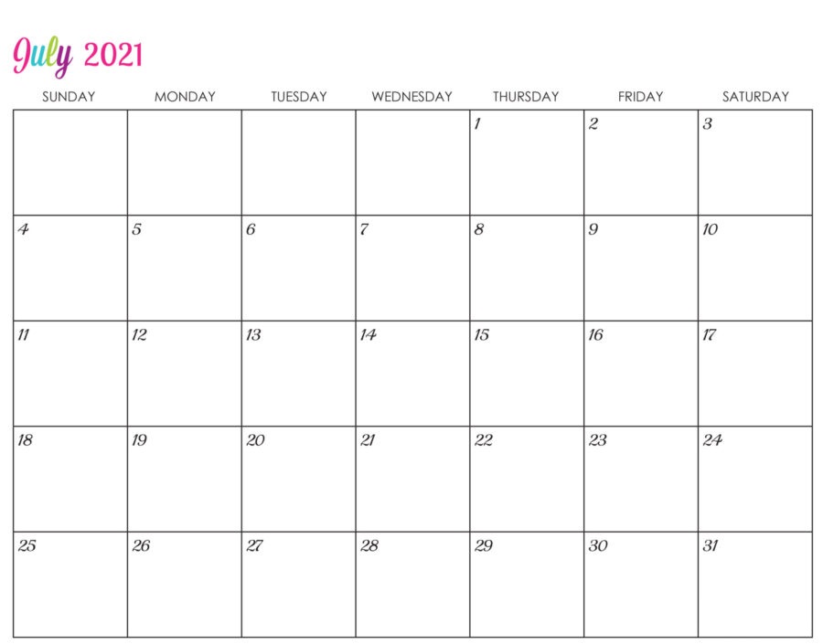 July 2021 Blank Calendar PDF