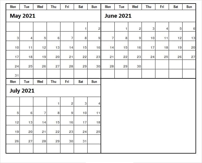 July 2021 Blank Calendar Template