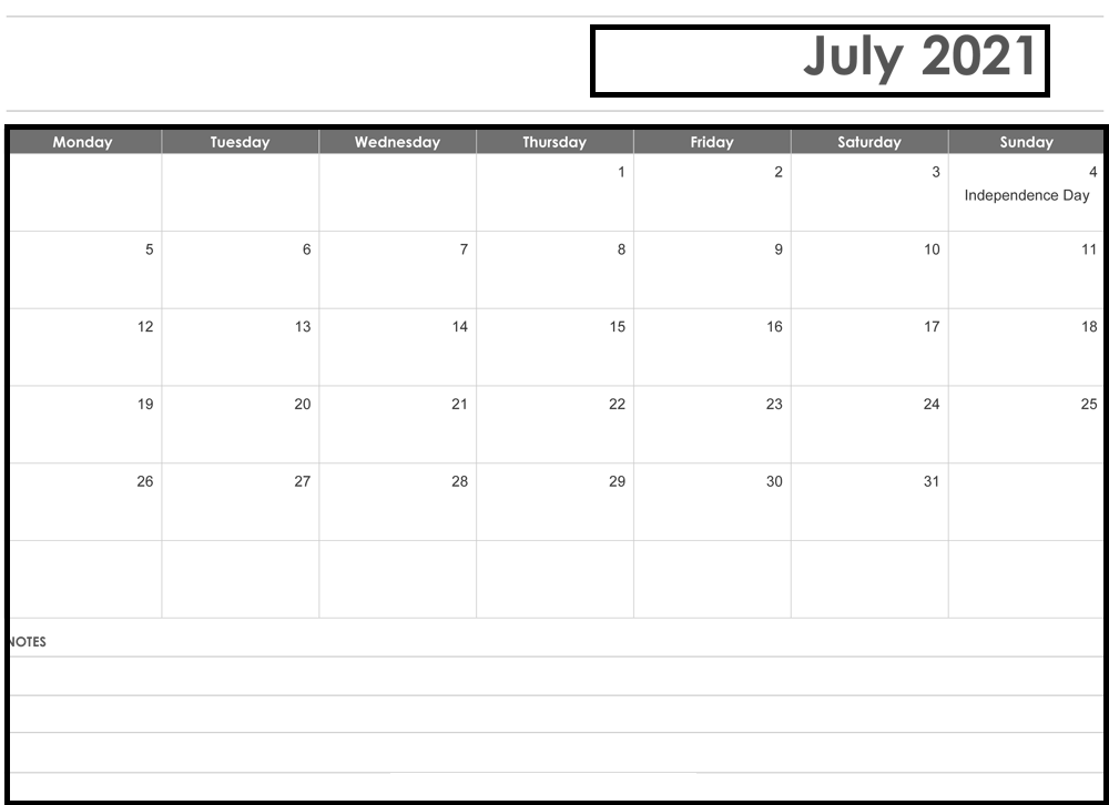 July 2021 Blank Calendar Weekly