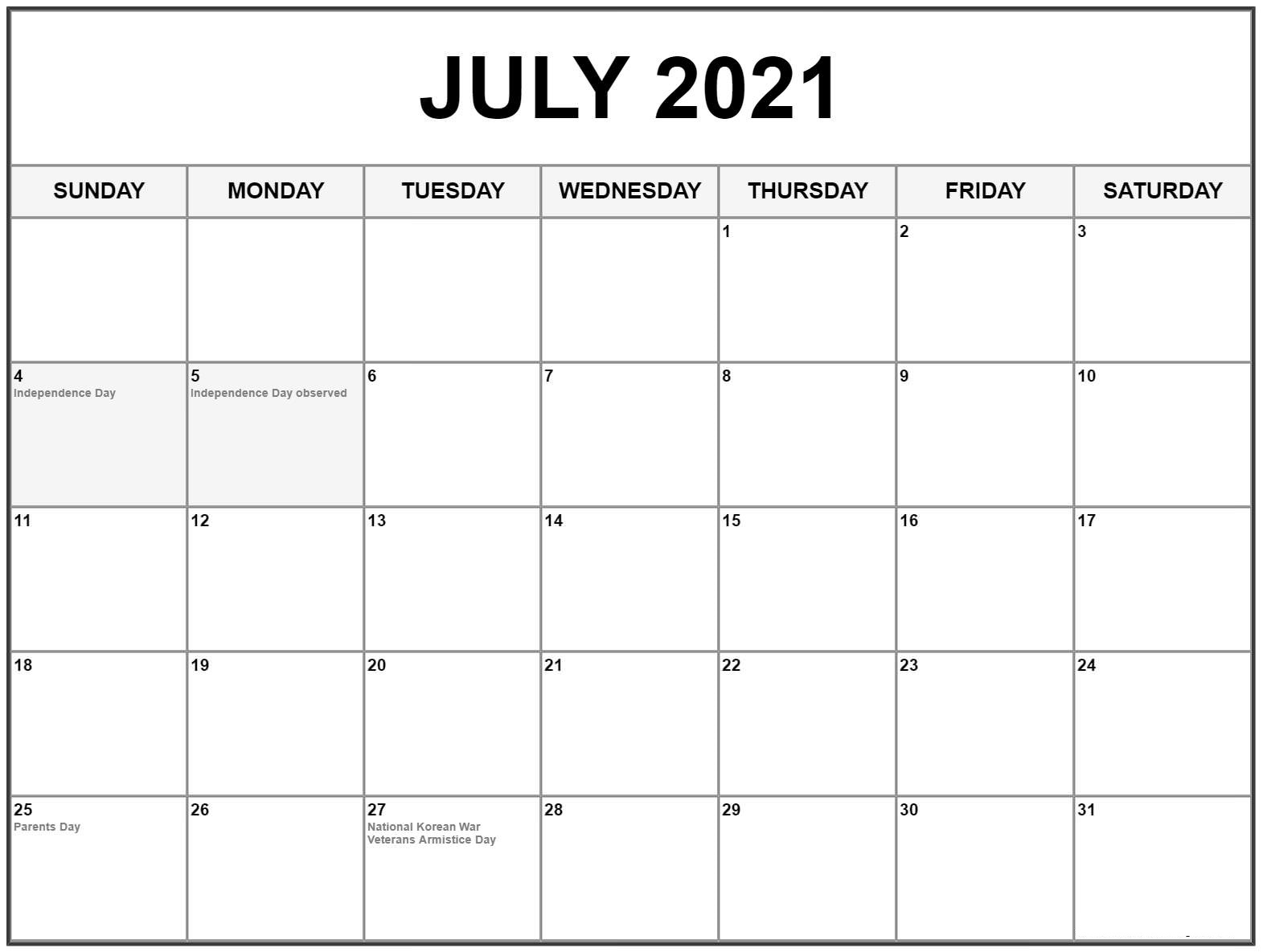 July 2021 Blank Calendar Word