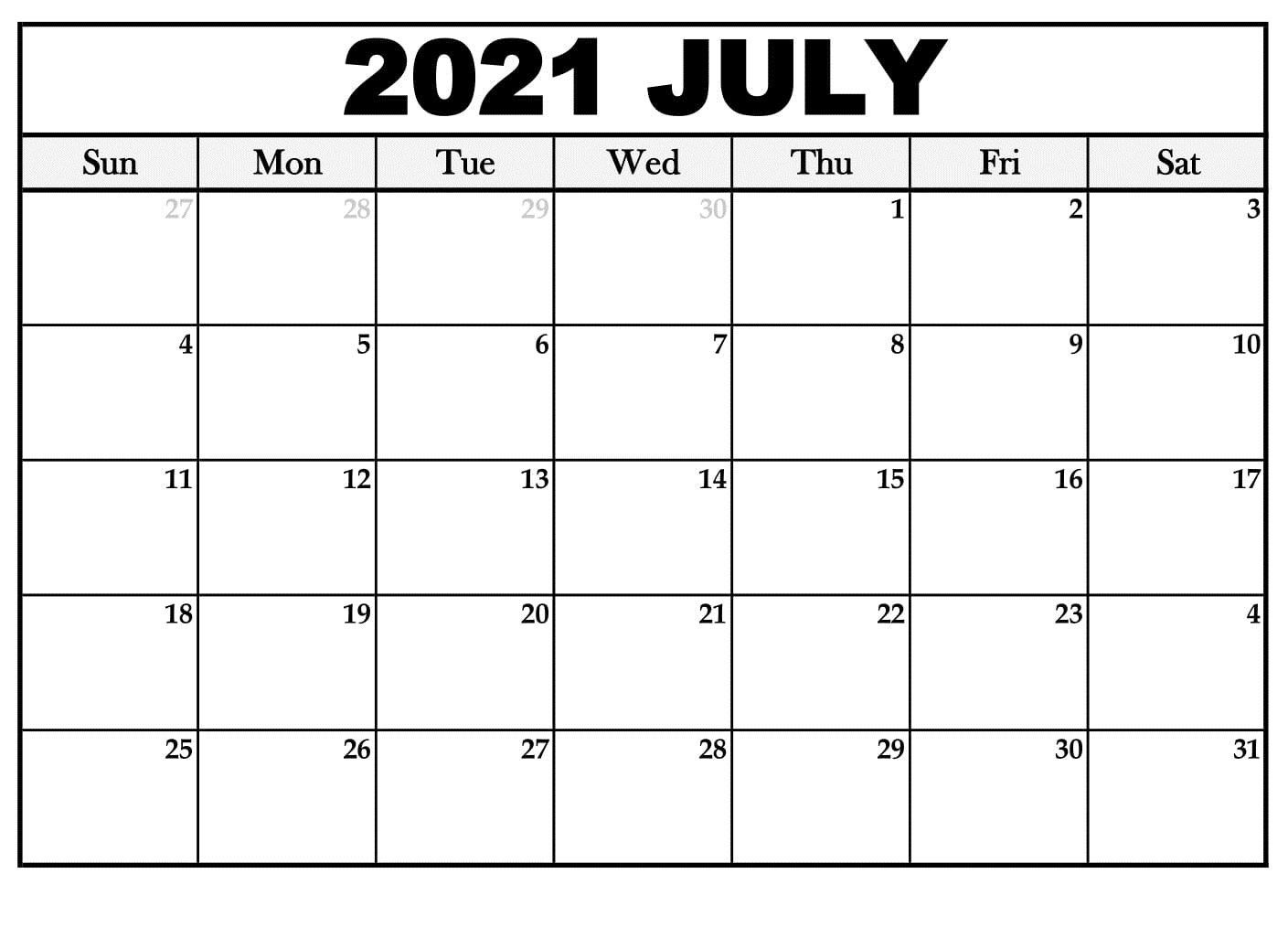 July 2021 Calendar Editable