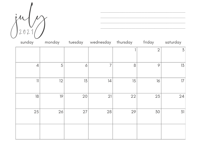 July 2021 Calendar Printable PDF