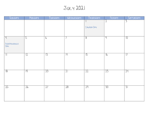 July 2021 Calendar Template Excel