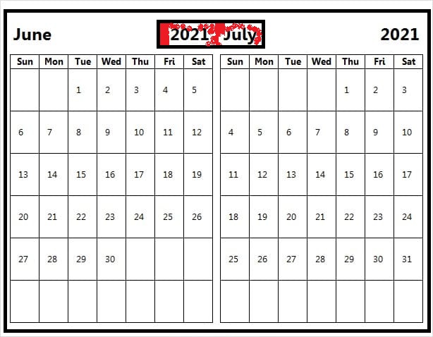 July 2021 Calendar Template Landscape