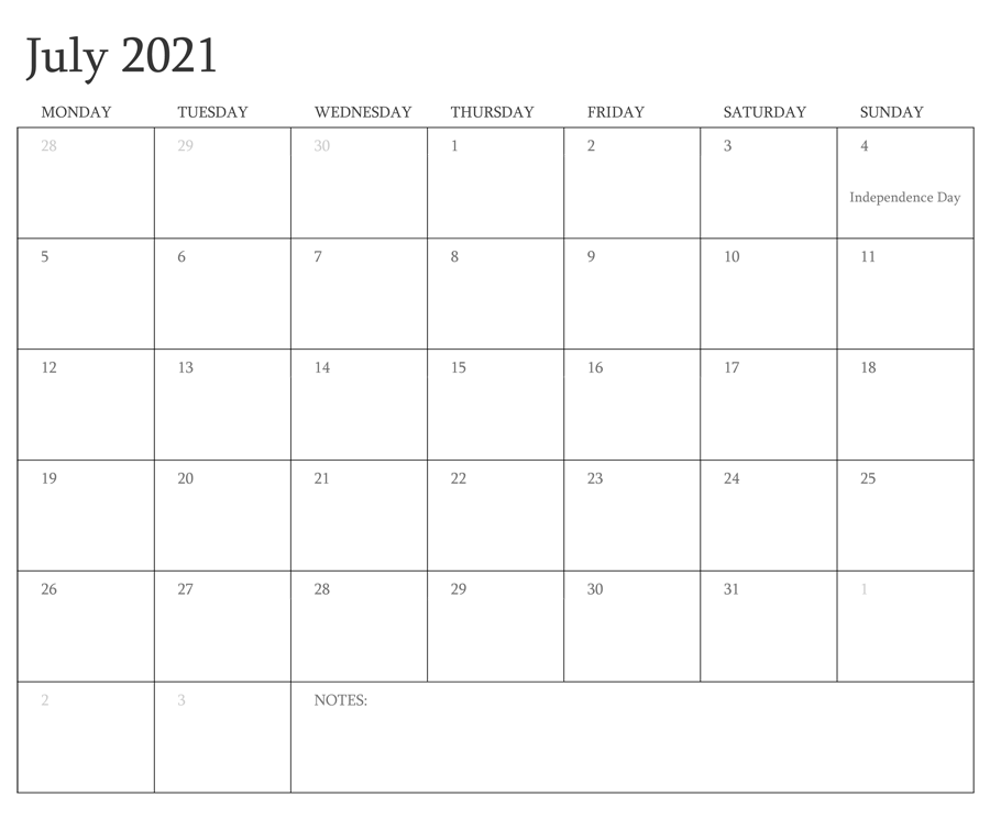 July 2021 Calendar With Holidays Printable