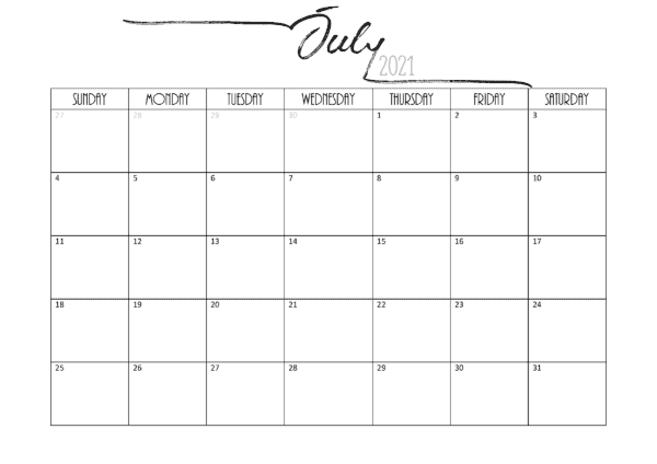 July 2021 Free Printable Calendar