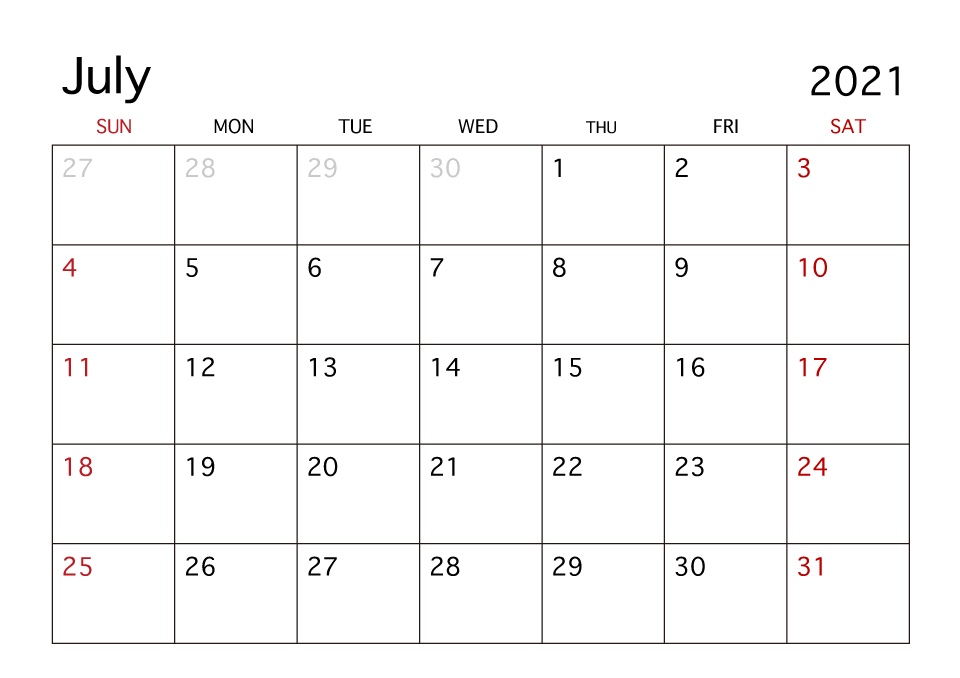 July 2021 Printable Calendar Free