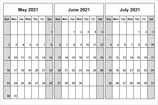 July 2021 Printable Calendar Landscape